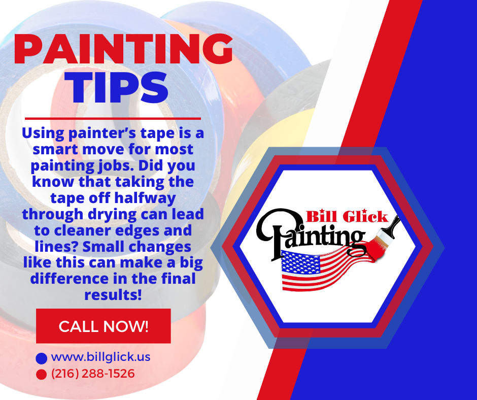 Image text with interior painting tips for using painters tape by Bill Glick Painting in Medina and Northeast Ohio