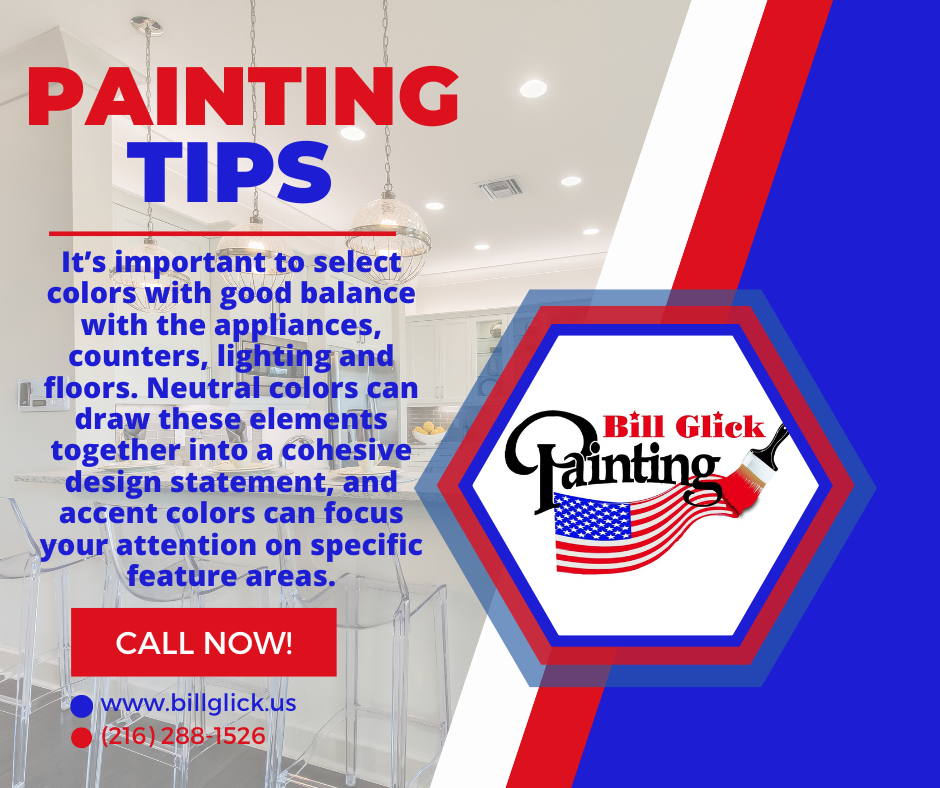 Image text with interior painting tips for neutral wall colors in kitchens by Bill Glick Painting in Medina and Northeast Ohio