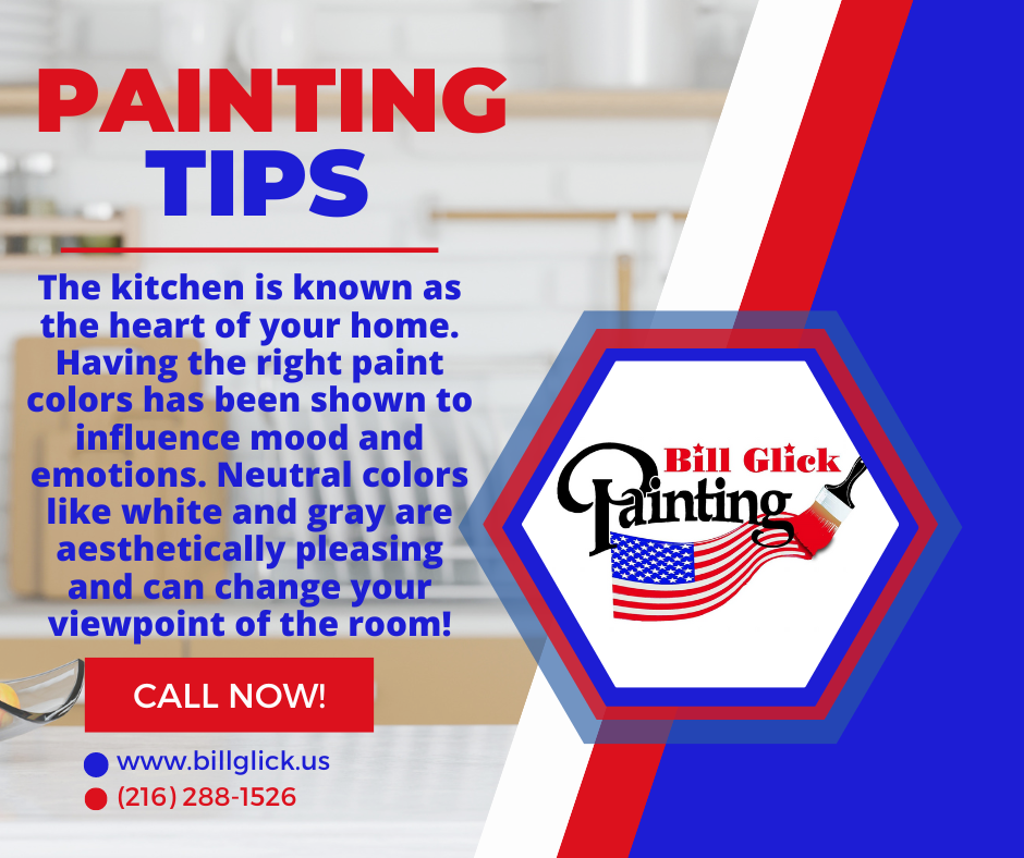 Image text with interior painting tips for neutral like white or gray in kitchens by Bill Glick Painting in Medina and Northeast Ohio