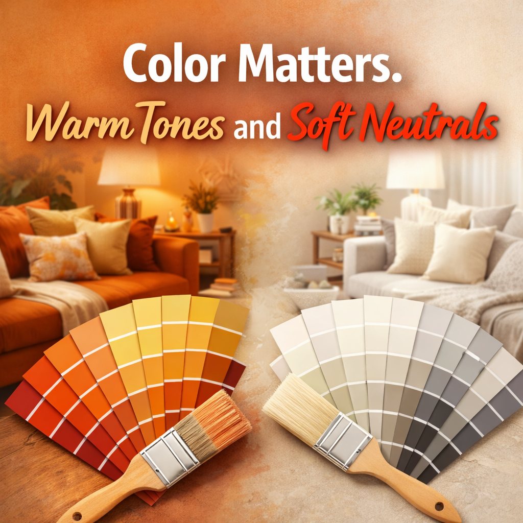 A professionally styled interior showcasing warm paint tones and soft neutral colors designed to improve comfort, mood, and home value through expert interior painting.