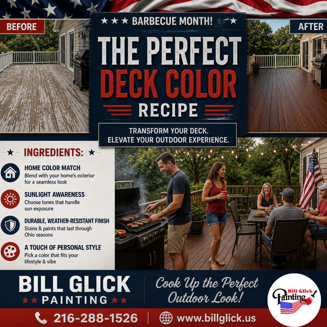 Transform your outdoor space this Barbecue Month with the perfect deck color recipe from Bill Glick Painting. This eye-catching visual highlights a stunning before-and-after deck transformation, showcasing how the right stain and color choice can turn a weathered surface into a warm, inviting gathering space. The “recipe” emphasizes key ingredients for long-lasting results, including matching your home’s exterior, selecting sun-resistant tones, using durable, weather-resistant finishes built for Ohio seasons, and adding a touch of personal style. Complete with a cozy backyard scene under string lights, this image inspires homeowners to elevate curb appeal and create the perfect setting for outdoor entertaining.