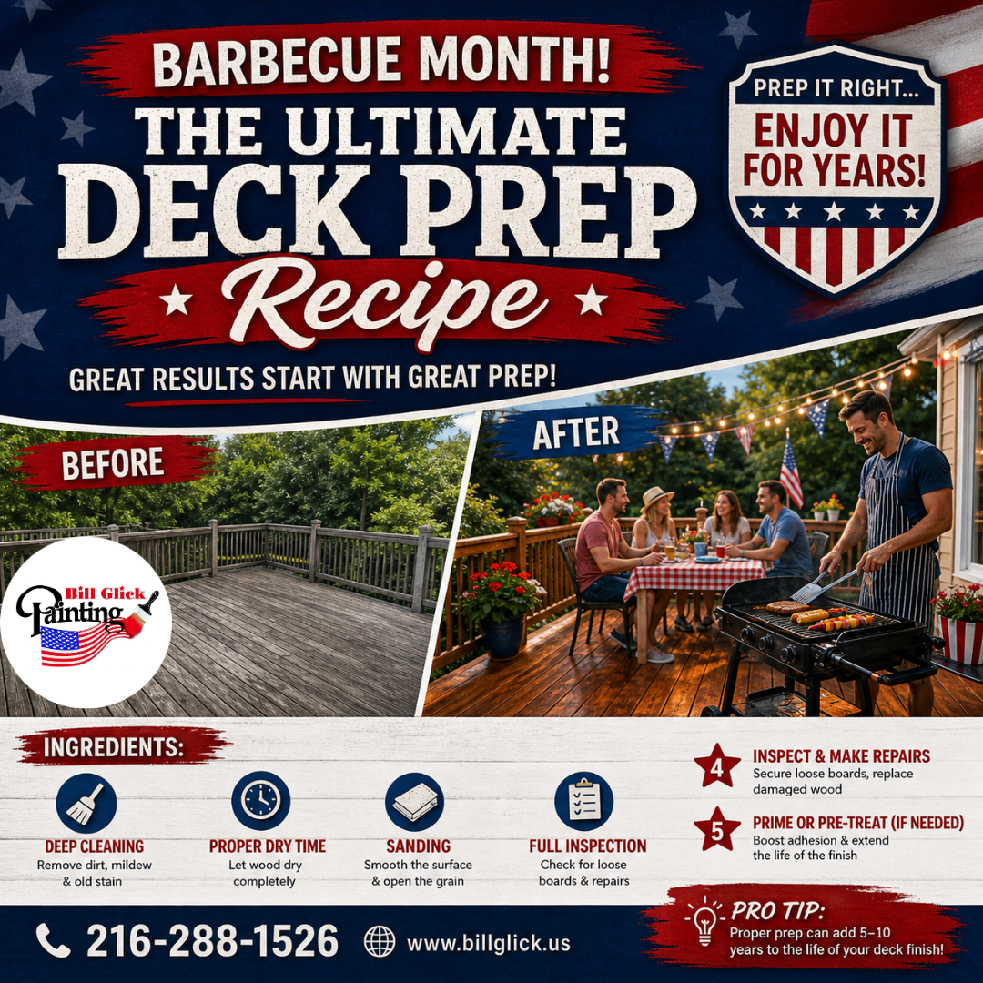 A vibrant outdoor scene showcasing a beautifully restored wooden deck during Barbecue Month, featuring a family enjoying a backyard cookout beside a freshly cleaned and stained deck. The image highlights a step-by-step “Deck Prep Recipe,” including deep cleaning, proper drying time, sanding, and full inspection for repairs. A before-and-after comparison demonstrates the dramatic transformation of weathered wood into a rich, polished finish. Warm lighting, a grill in action, and inviting patio furniture create a welcoming atmosphere, emphasizing outdoor living and home improvement. Ideal for homeowners in Northeast Ohio, this visual promotes professional deck preparation, staining, and maintenance services that protect wood surfaces and extend their lifespan by 5–10 years.