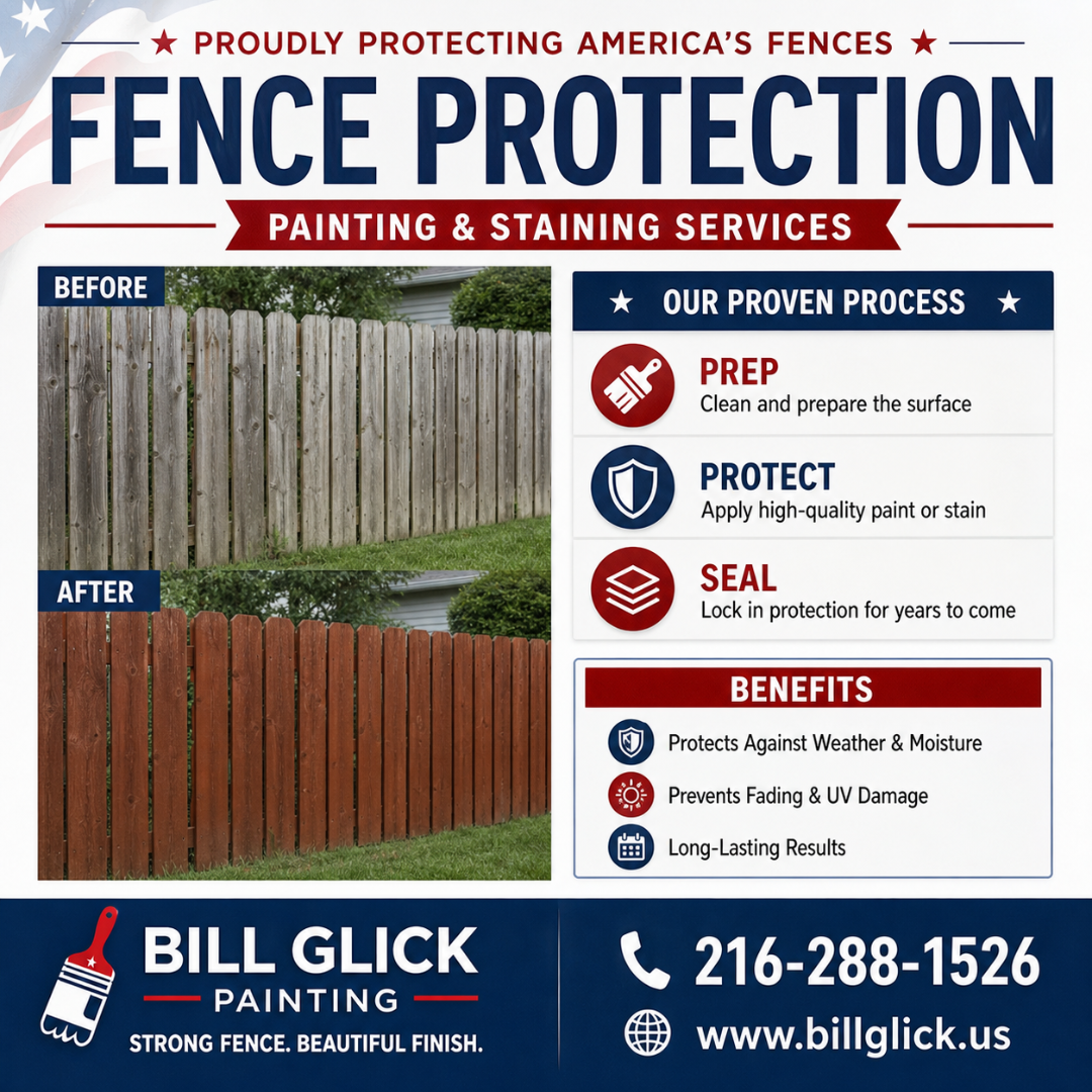 A vibrant promotional graphic by Bill Glick Painting highlights “Barbecue Month: The Ultimate Deck Protection Recipe,” featuring a striking before-and-after comparison of a weathered, faded deck versus a rich, freshly finished deck ready for outdoor entertaining. The design showcases key deck protection elements such as premium stain, UV protection, moisture defense, and professional application, alongside step-by-step instructions for cleaning, prepping, and sealing. Set in a warm backyard barbecue scene with friends gathered around a fire pit, the image emphasizes how proper deck maintenance enhances durability, beauty, and long-lasting performance in Ohio weather.