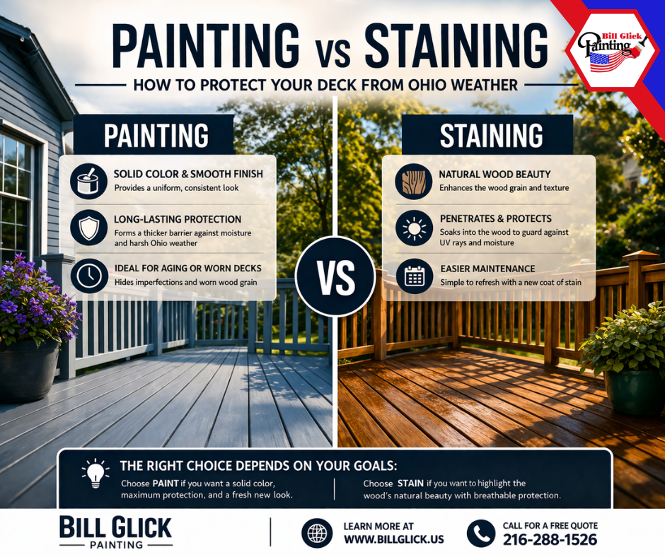 Deck painting vs. staining in Northeast Ohio—expert deck protection against harsh weather. Discover the best finish to keep your deck strong & beautiful.