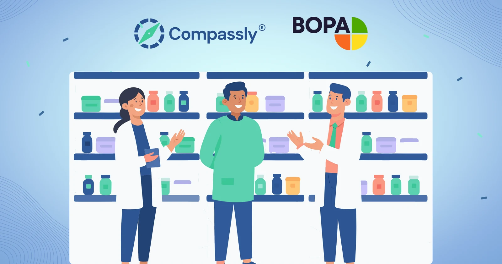 Oncology pharmacists and a pharmacy technician talking in front of medicine shelves, beside the BOPA and Compassly logos