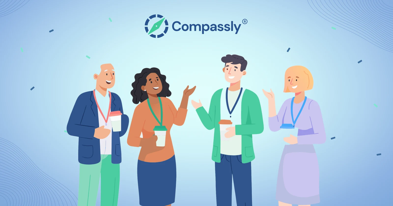 Four educators with lanyards and coffee cups chatting at a conference