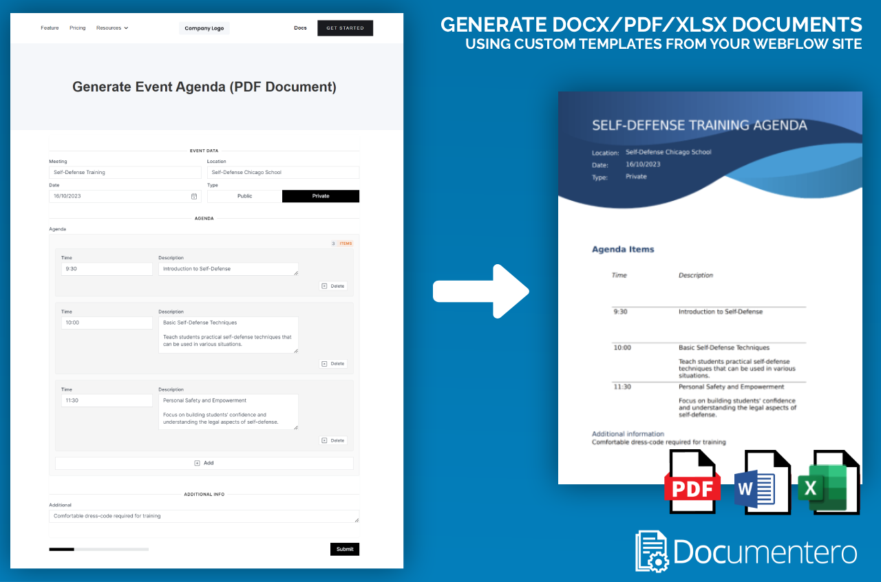 Generate DOCX/PDF Documents using custom template from your Webflow site