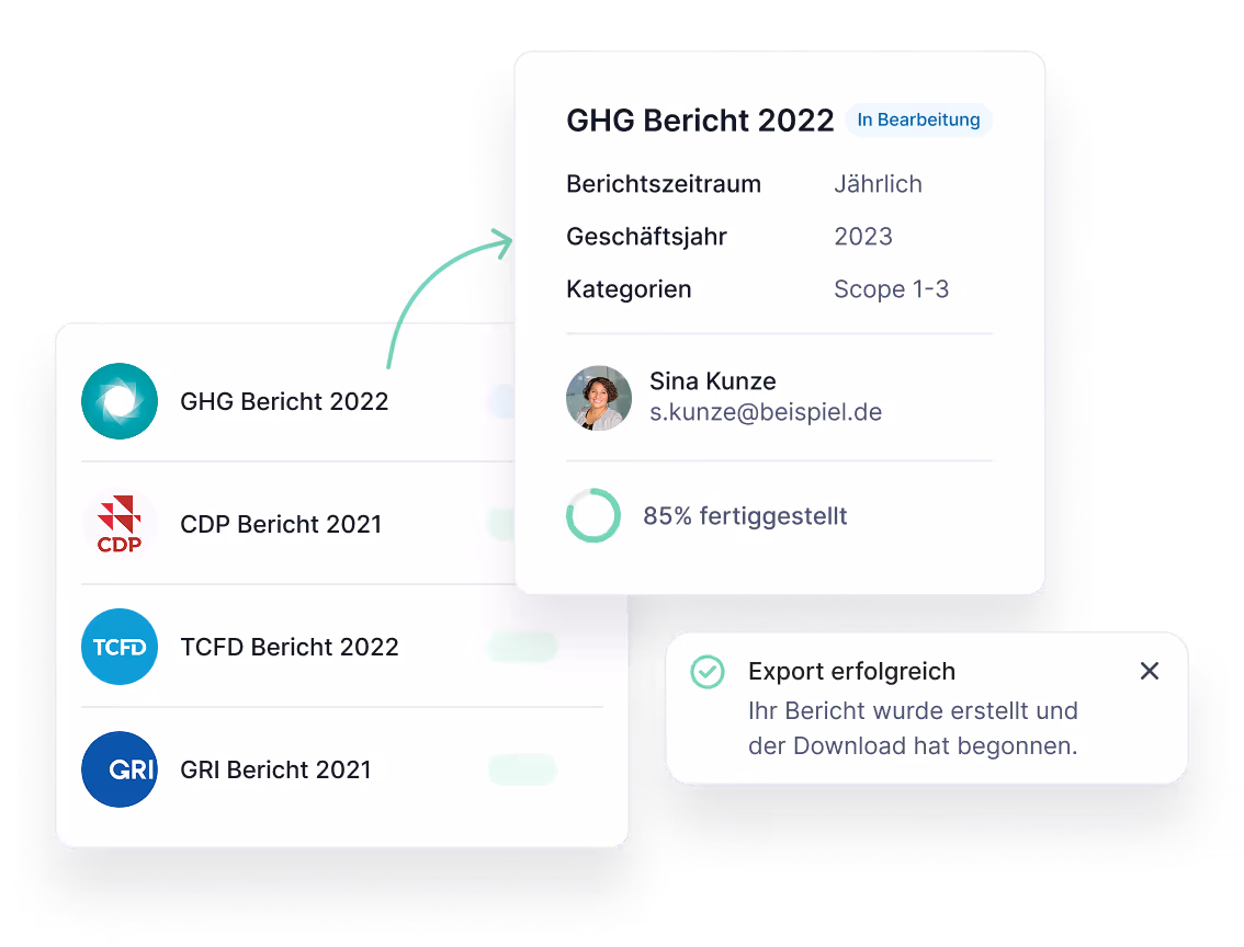 Produkt Screenshots der Tanso CO2 Bilanzierungssoftware auf dem exportierbare CO2 Berichtserstattungen zu sehen sind.