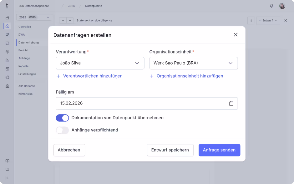 Darstellung der CO₂-Emissionen von Elektrostahl mit Werkstoffnummer, Lieferanten-ID und Lebenszyklusphase, ergänzt durch ein Kreisdiagramm zu Emissionen per Scope und ein TÜV-Zertifizierungslabel.