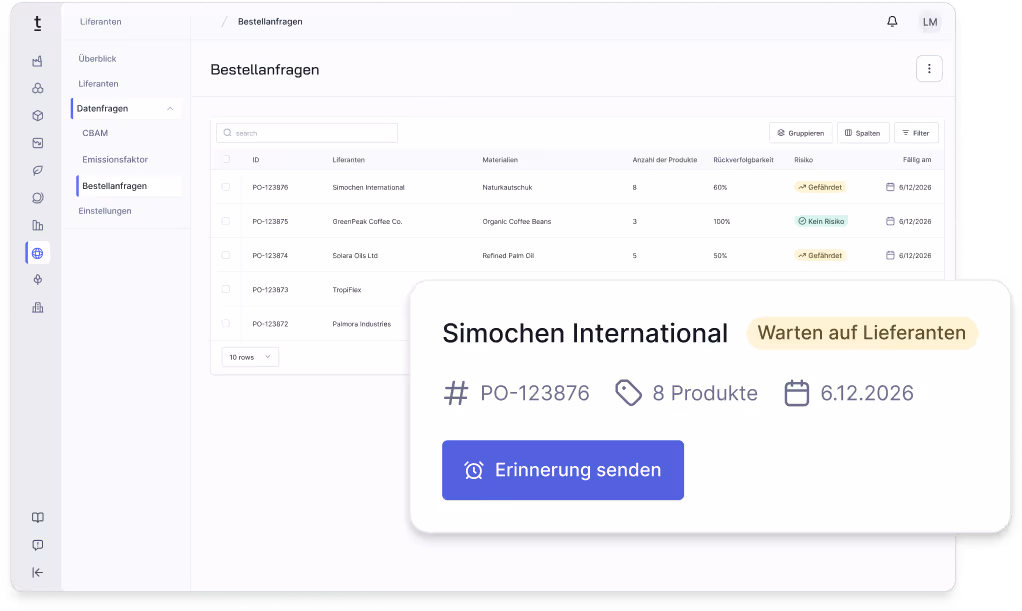 Darstellung der CO₂-Emissionen von Elektrostahl mit Werkstoffnummer, Lieferanten-ID und Lebenszyklusphase, ergänzt durch ein Kreisdiagramm zu Emissionen per Scope und ein TÜV-Zertifizierungslabel.