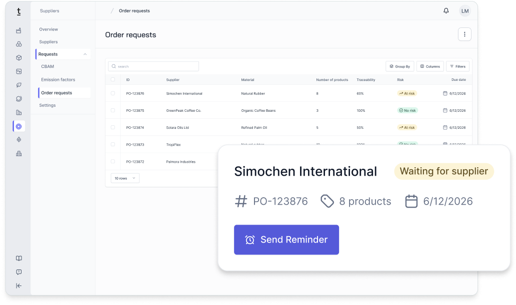 Darstellung der CO₂-Emissionen von Elektrostahl mit Werkstoffnummer, Lieferanten-ID und Lebenszyklusphase, ergänzt durch ein Kreisdiagramm zu Emissionen per Scope und ein TÜV-Zertifizierungslabel.