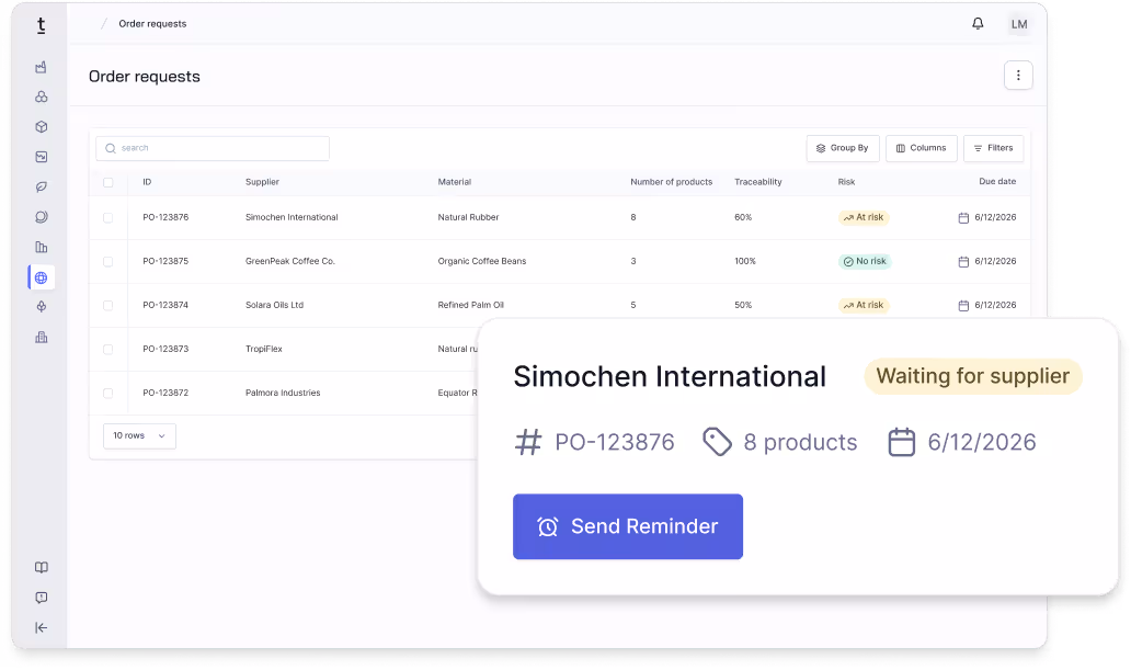 Darstellung der CO₂-Emissionen von Elektrostahl mit Werkstoffnummer, Lieferanten-ID und Lebenszyklusphase, ergänzt durch ein Kreisdiagramm zu Emissionen per Scope und ein TÜV-Zertifizierungslabel.