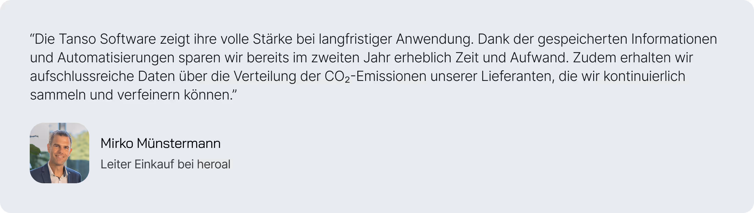 Kundenstimme von Mirko Münstermann, Leiter Einkauf bei heroal, über die Vorteile der Tanso-Software zur CO₂-Emissionsanalyse, Automatisierung und Zeitersparnis.