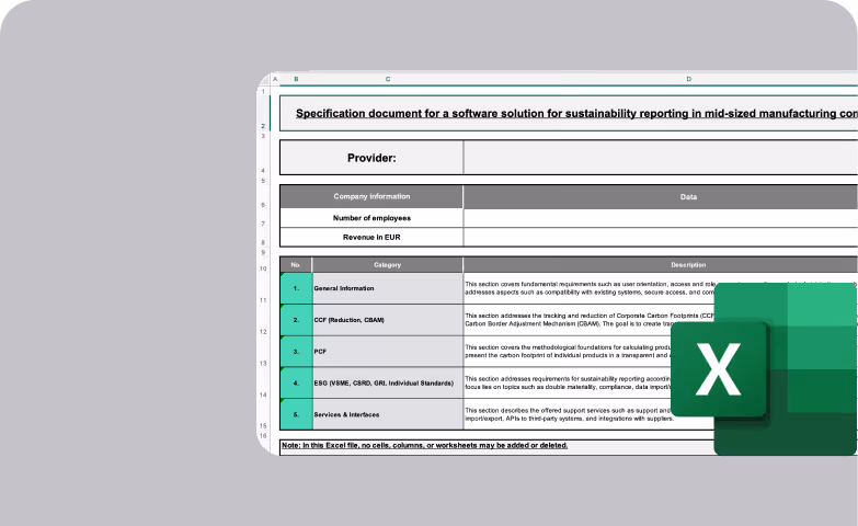 Excel template: Specification document for a software solution for sustainability reporting