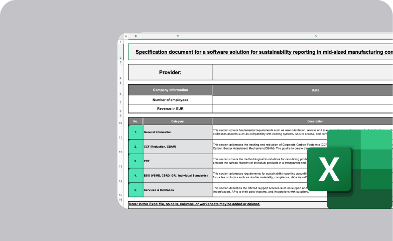 Excel template: Specification document for a software solution for sustainability reporting
