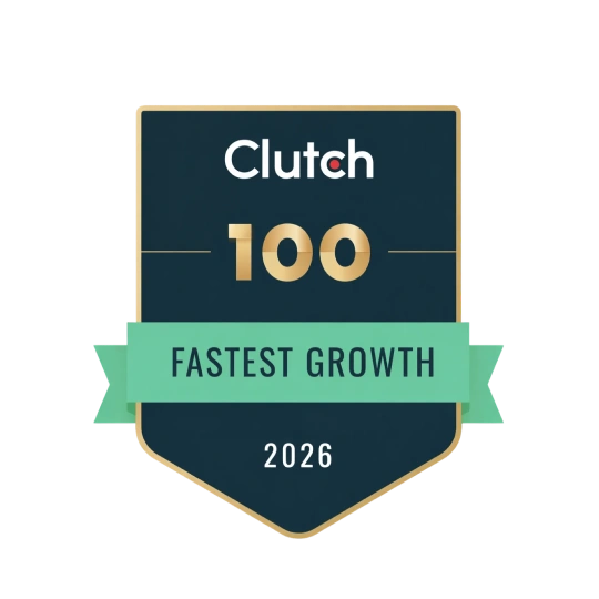 Clutch 100 Fastest Growth 2026 award badge with gold font and green ribbon on dark background.
