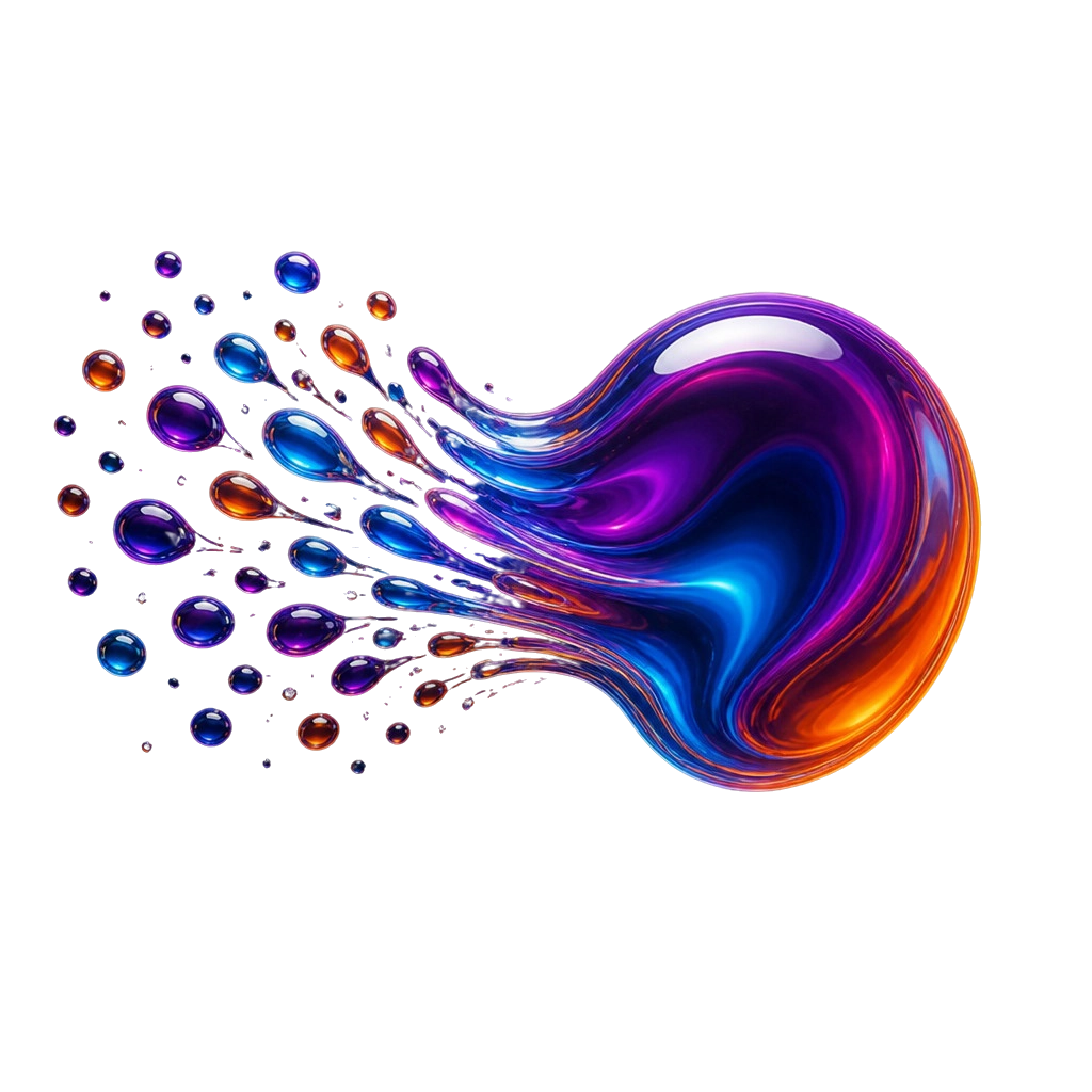 Abstract liquid splash in vibrant purple, blue, and orange hues with droplets spreading left.