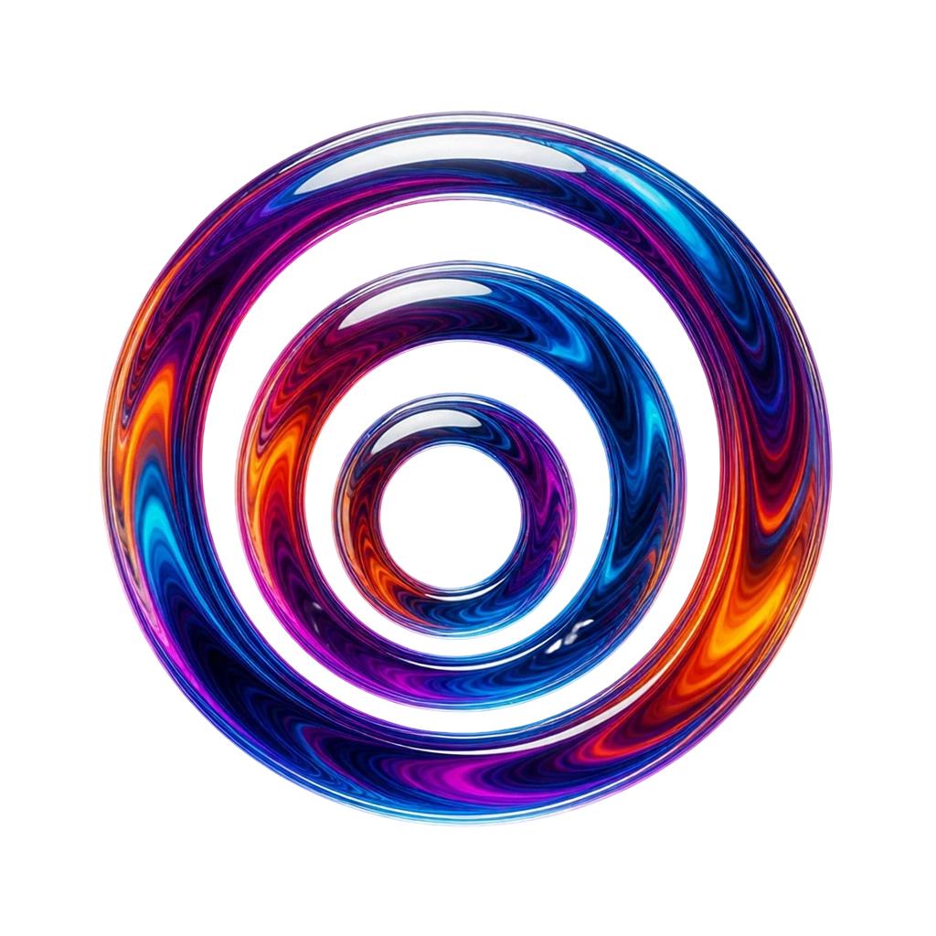 Three glossy rings with swirling blue, purple, and orange patterns on a black background.