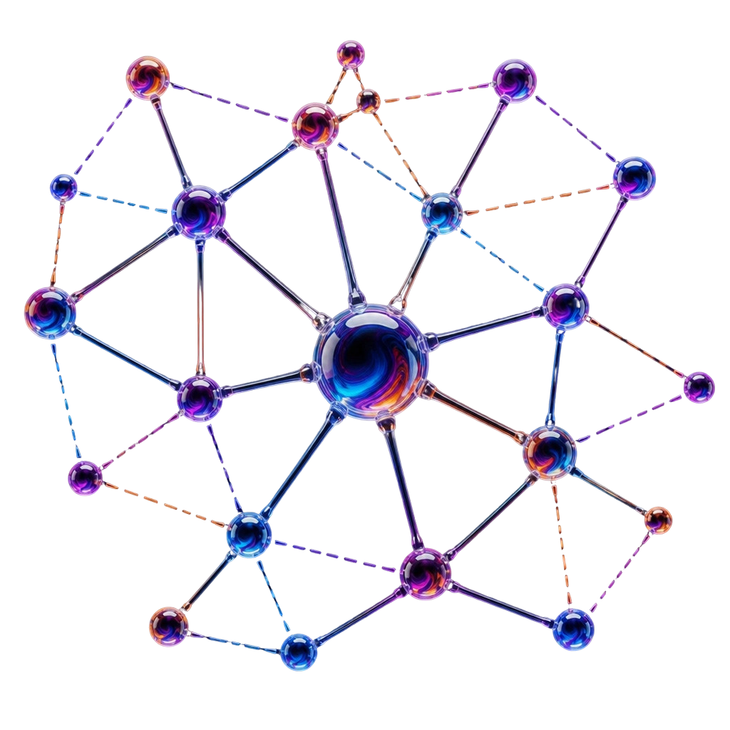 Colorful interconnected spheres linked by rods forming a 3D network structure on black background.
