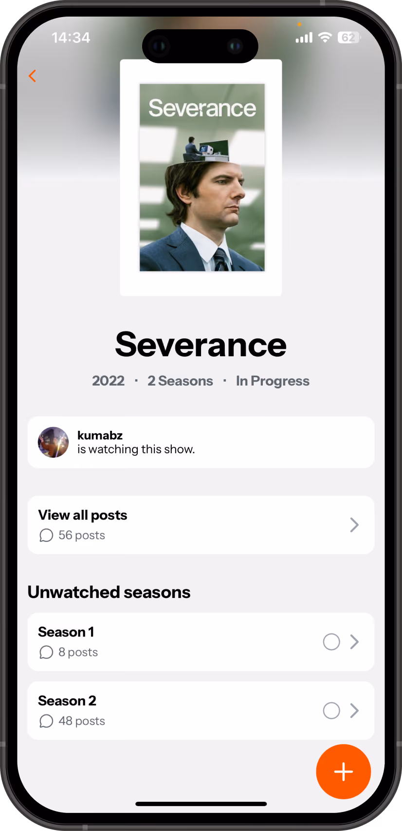 Spilt app show page with posts and seasons