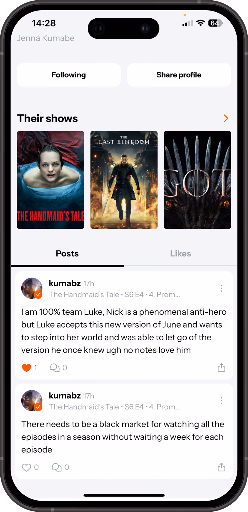 Spilt app profile screen with shows and posts