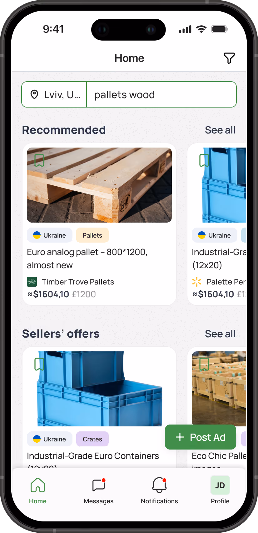 Pack&Stack app home screen with pallet listings