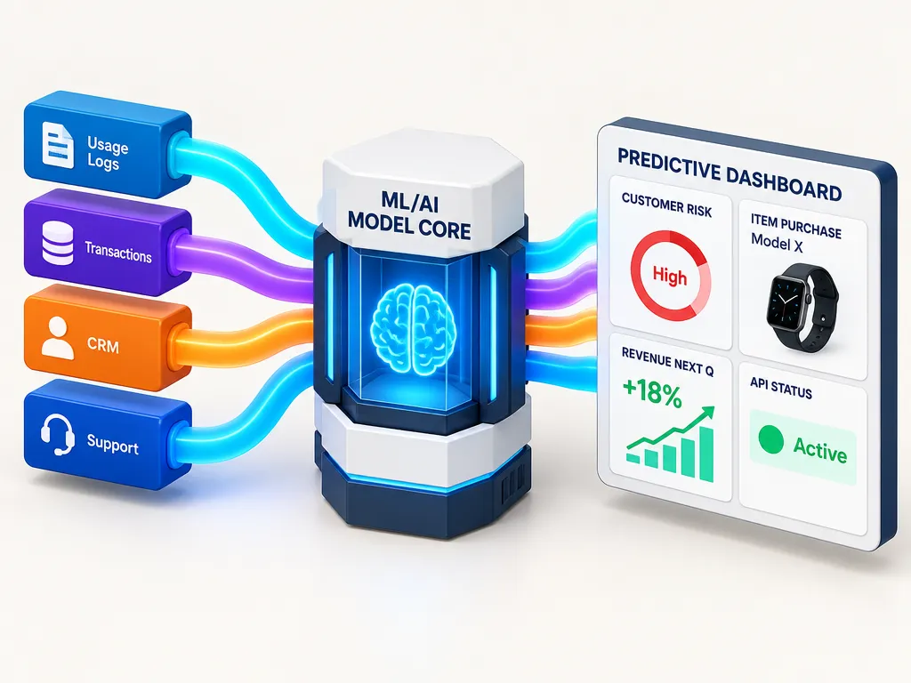 Data from logs, transactions, CRM and support flows through an ML model into a predictive dashboard