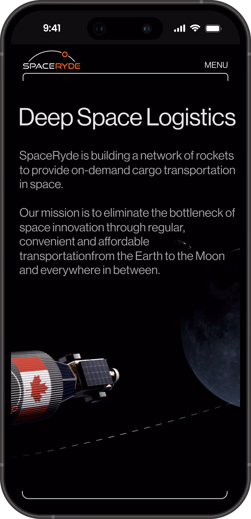 SpaceRyde app Deep Space Logistics screen
