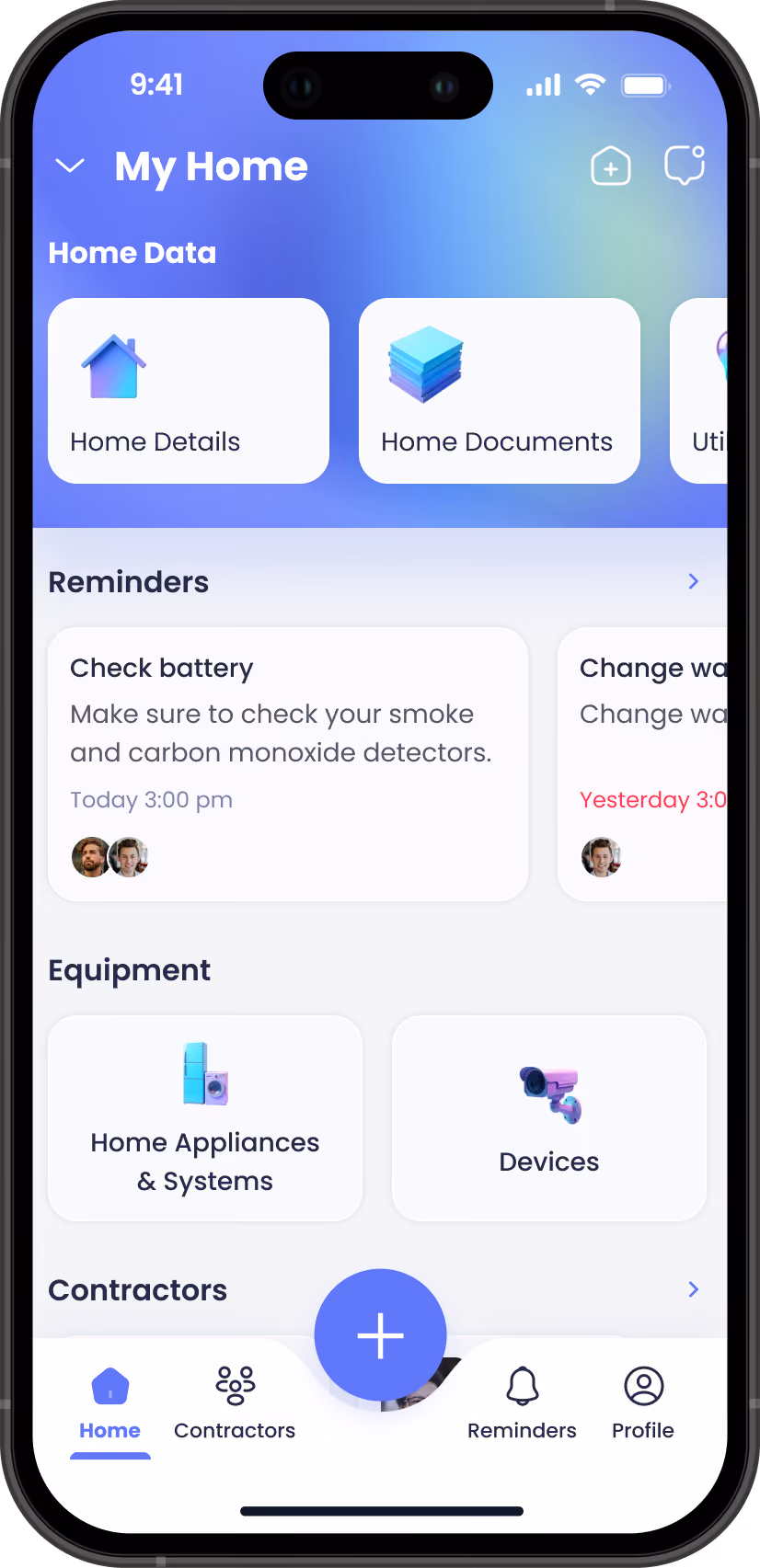 House Caddy app home screen with reminders and contractors
