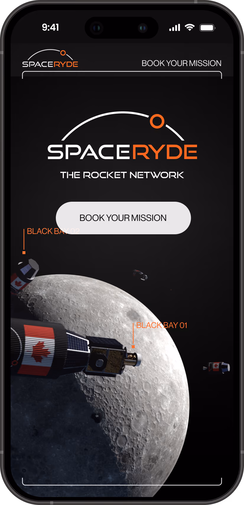 SpaceRyde app book your mission screen