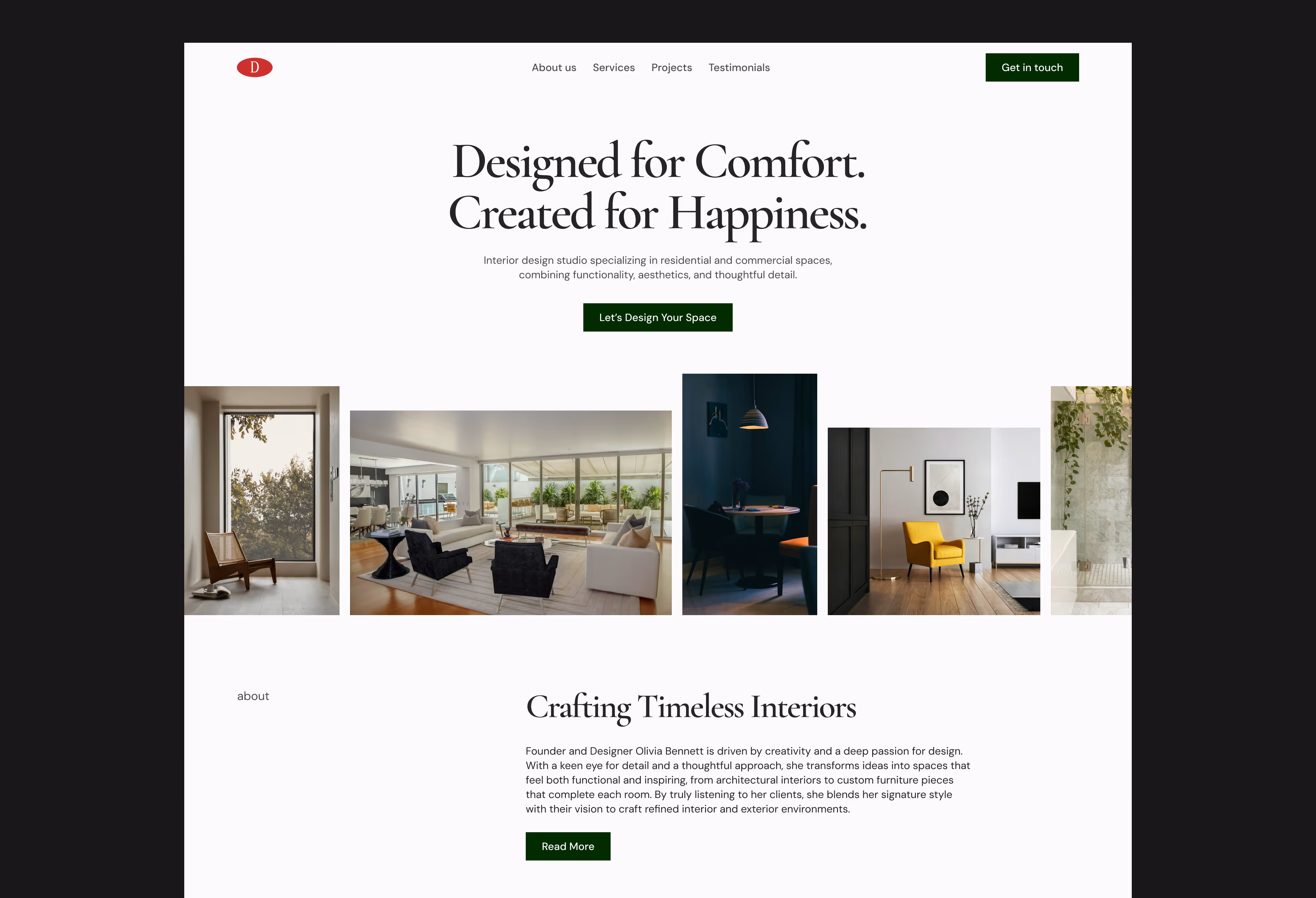Website homepage for an interior design studio featuring a large headline, navigation menu, green call-to-action buttons, and a row of five interior photos showing modern, stylish rooms.