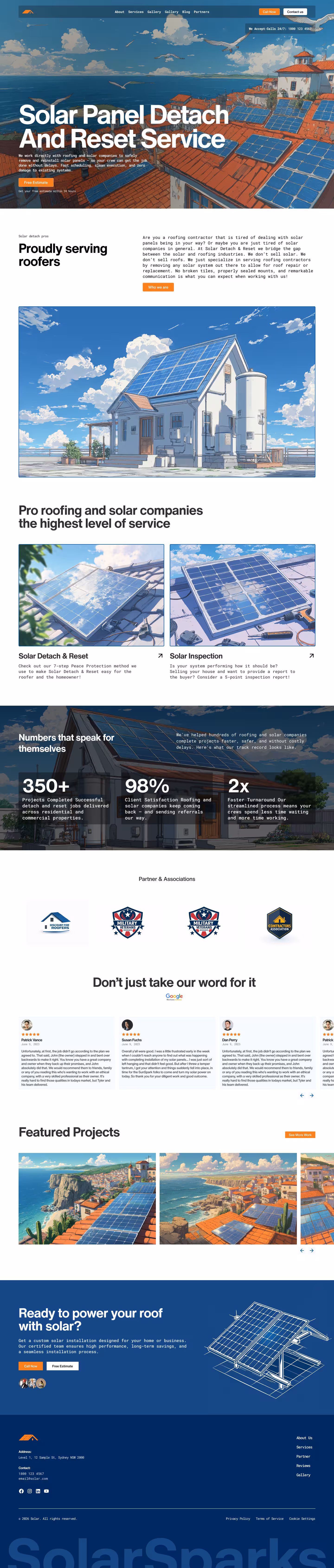 Website homepage for solar panel detach and reset service featuring rooftop solar panels, service details, customer reviews, featured projects, and company contact info.