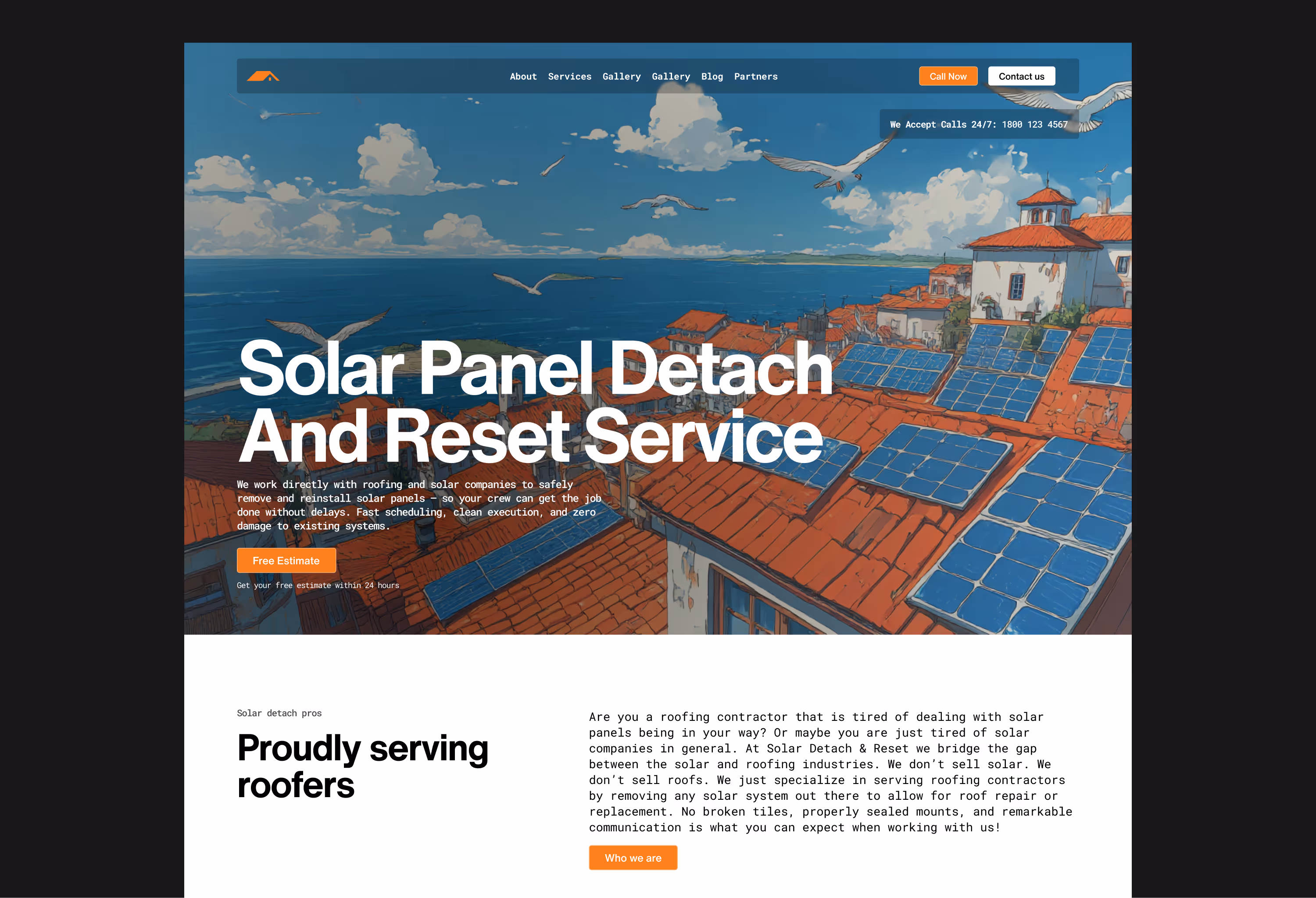 Rooftops with solar panels under a blue sky with clouds and seagulls, website header with text about solar panel detach and reset services and call to action buttons.