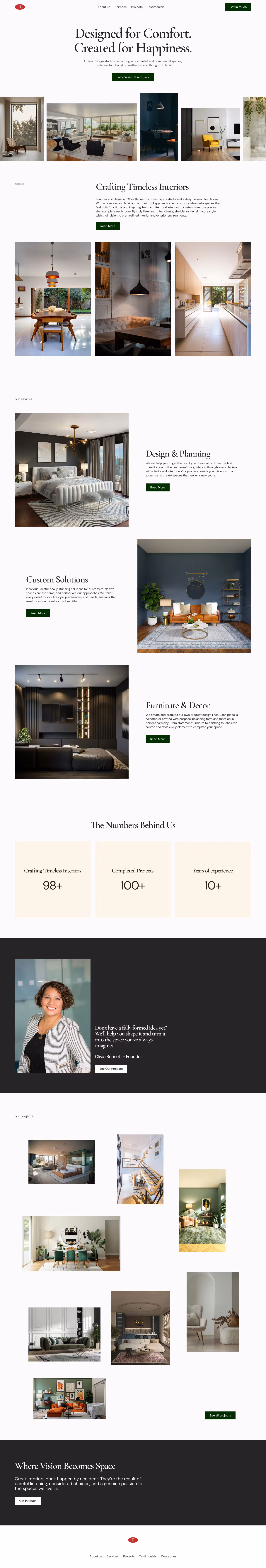 Website homepage for interior design featuring stylish living room and dining room photos, text about comfort and happiness, design services, client testimonial, and portfolio images.