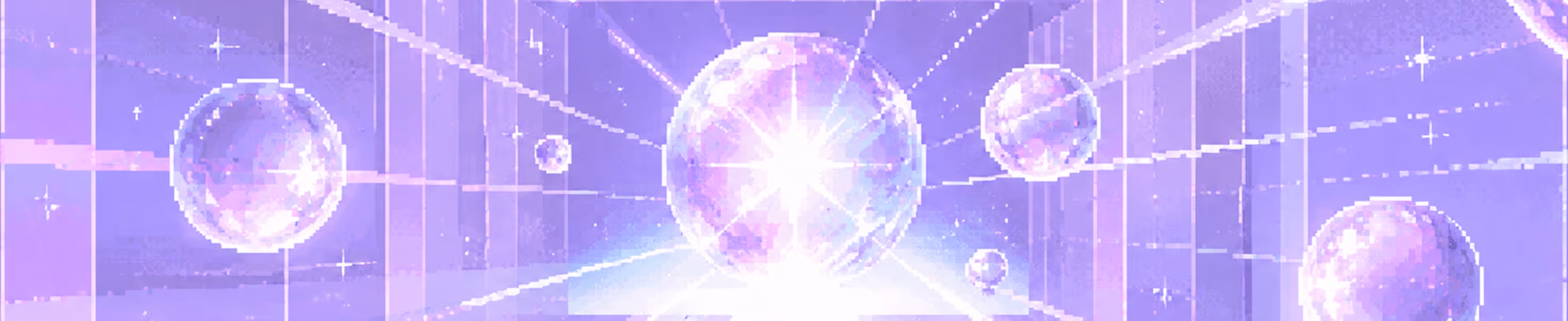 Futuristic purple digital corridor with floating glowing spheres and geometric light patterns.