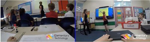 A comparison of two scenes. On the left, a projector is displaying a very dim image onto a board and everyone is watching and copying work into books. On the right scene, a bright display is being used by the pupils to engage with the work.