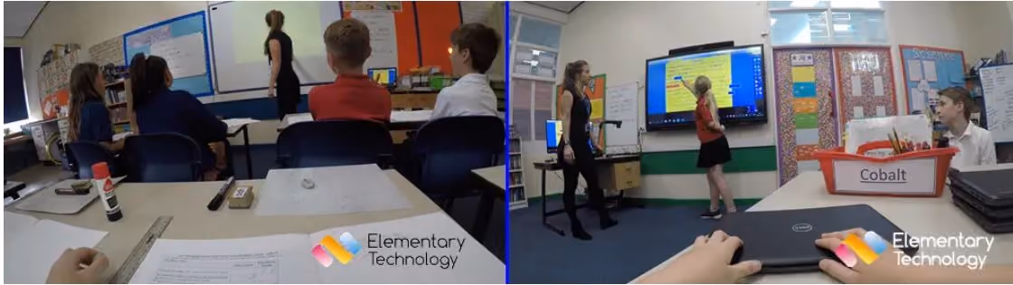 A comparison of two scenes. On the left, a projector is displaying a very dim image onto a board and everyone is watching and copying work into books. On the right scene, a bright display is being used by the pupils to engage with the work. 