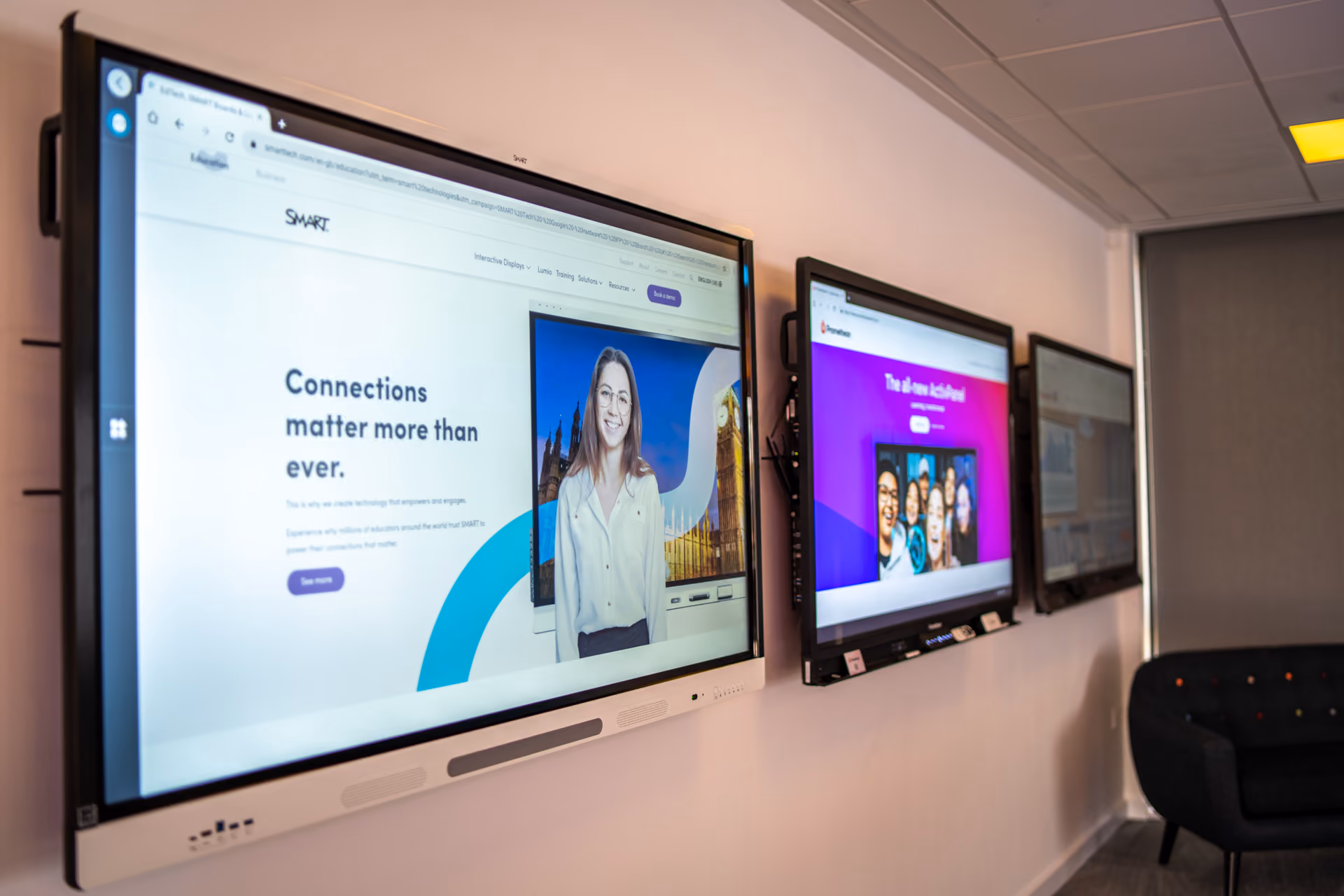 A variety of interactive touchscreens for classrooms. They are displayed in the experience centre.