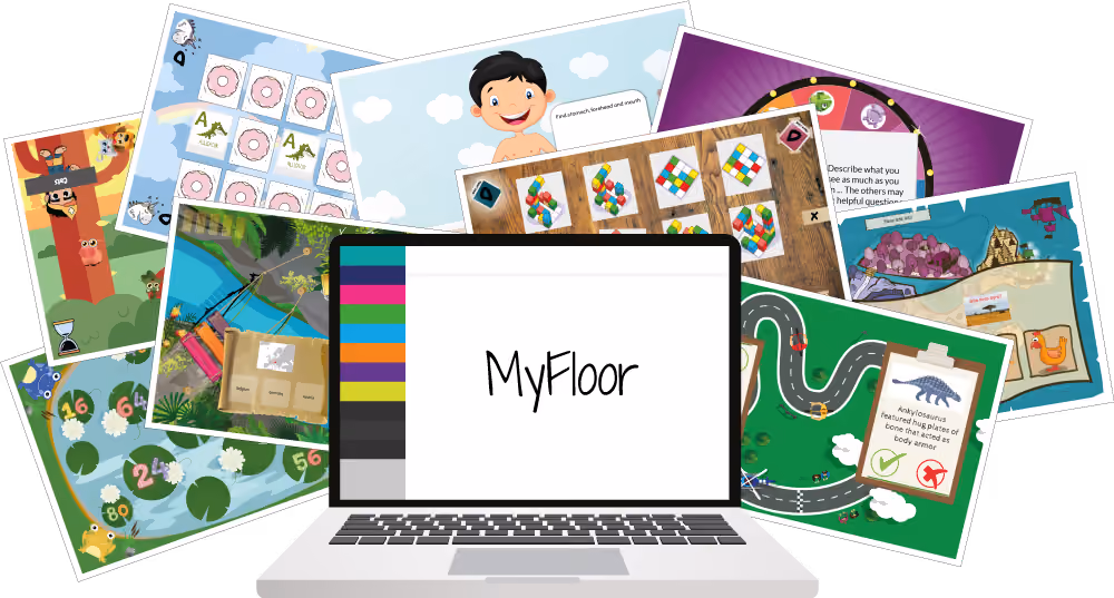 Open laptop displaying 'MyFloor' surrounded by various colorful educational game screens featuring animals, numbers, letters, puzzles, and interactive activities.