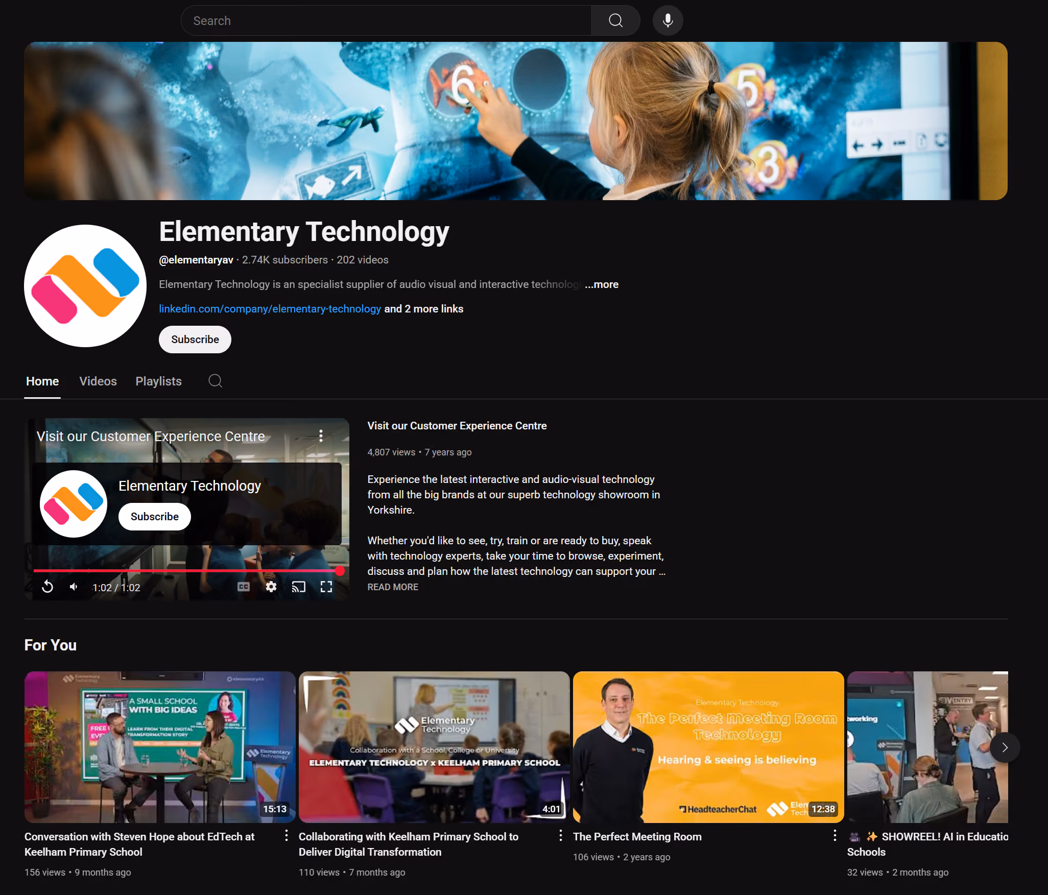 YouTube channel for Elementary Technology showing channel banner with children interacting with a digital screen, profile logo, subscribe button, channel description, and video thumbnails.