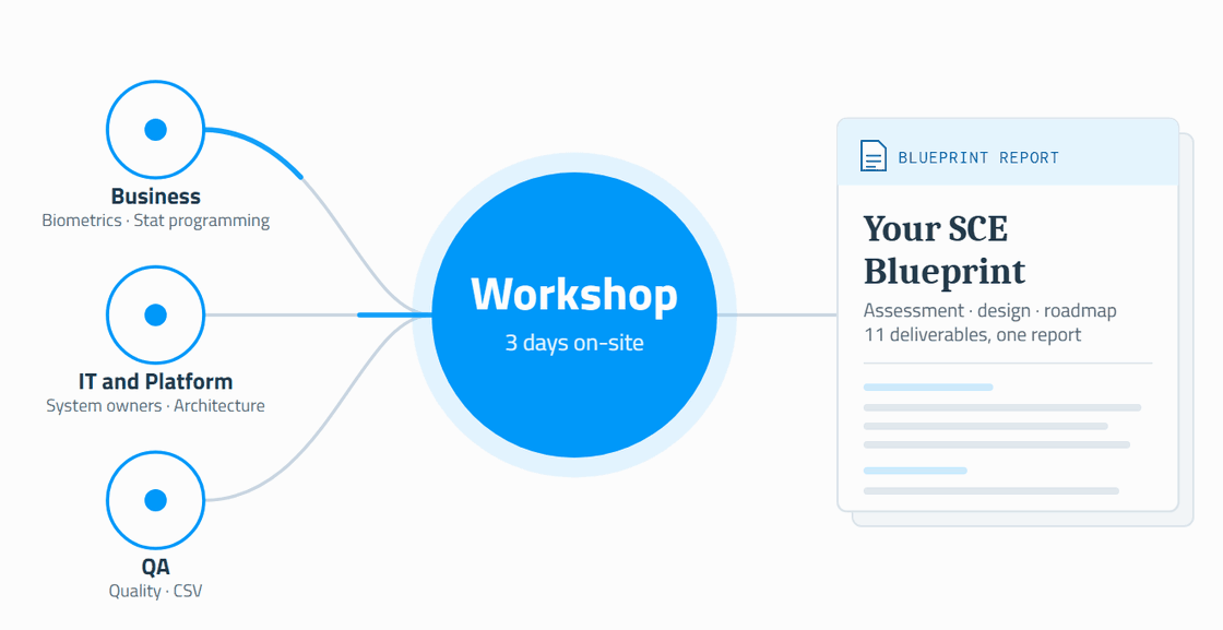 Business, IT and platform, and QA join a three-day on-site workshop that produces one GxP validation strategy report.