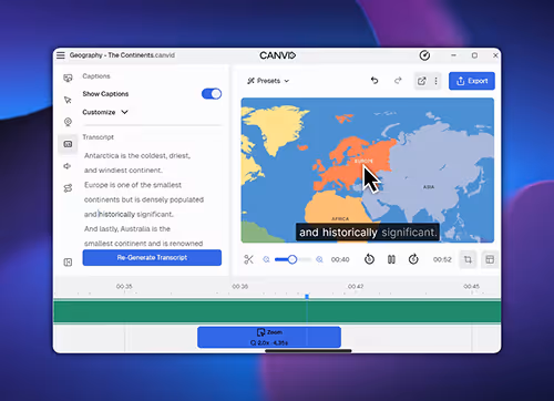 The Canvid app showing a project with a world map and on-screen captions