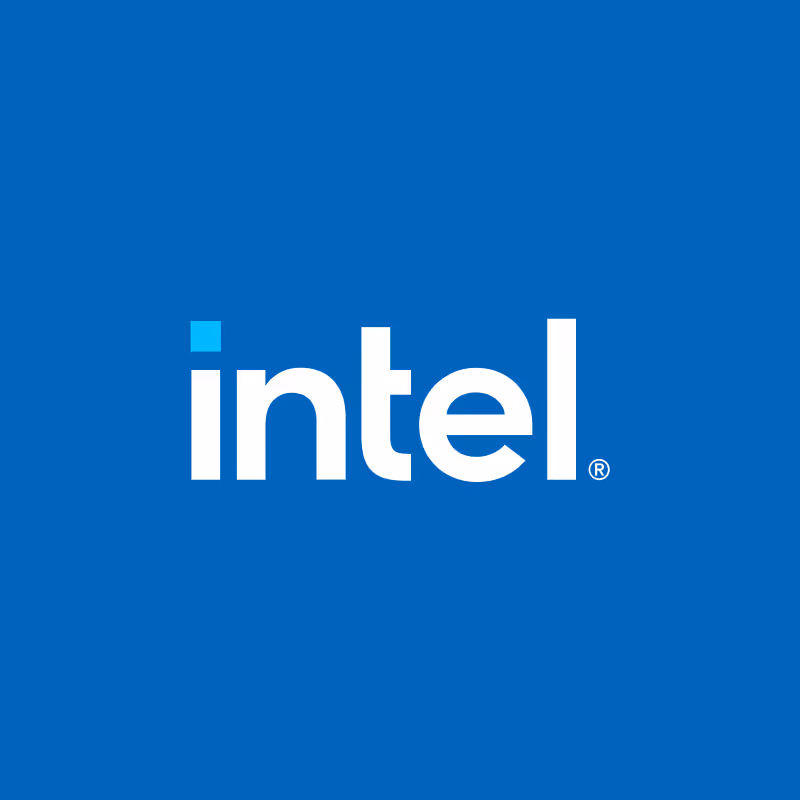 White intel logo on blue background