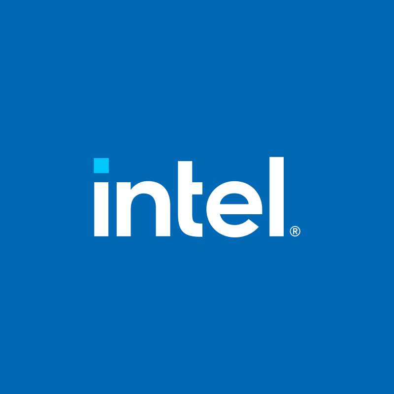 White intel logo on blue background