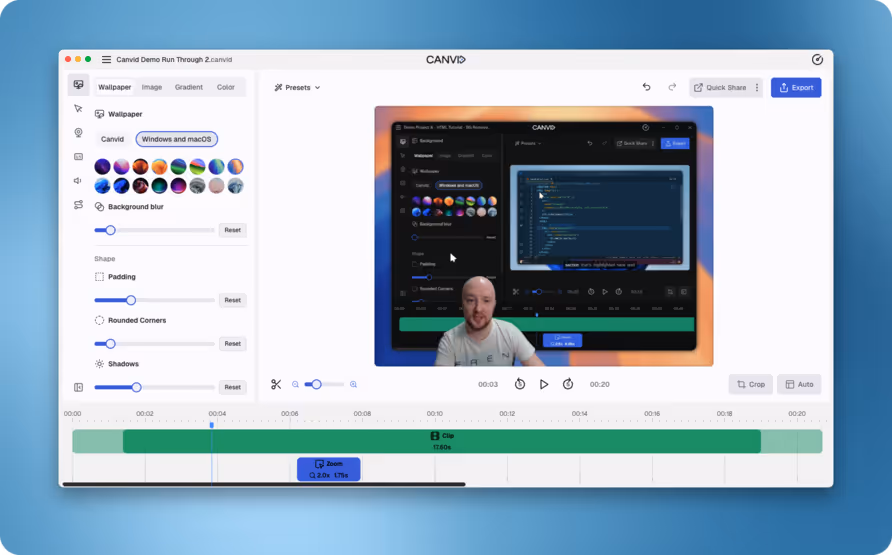 Canvid UI displaying video editing tools like cut, trim, layout adjustment, shadows, rounded corners, gradients, and wallpapers for polished results.