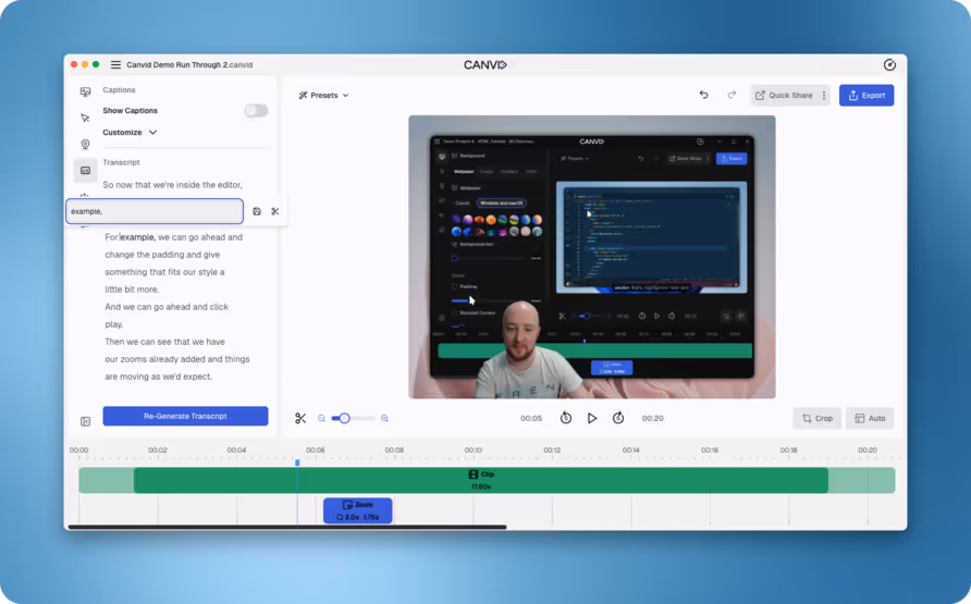Canvid UI showing transcript-based editing, where deleting text automatically cuts corresponding video and audio segments.