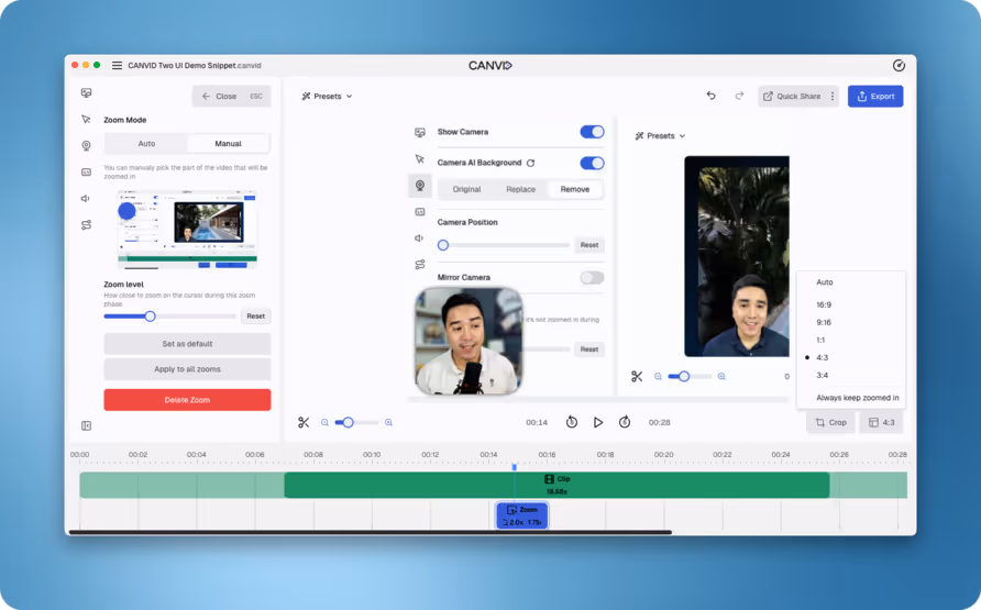 Canvid UI showing recording controls with aspect ratio presets, zoom options, and screen repositioning tools for precise framing.