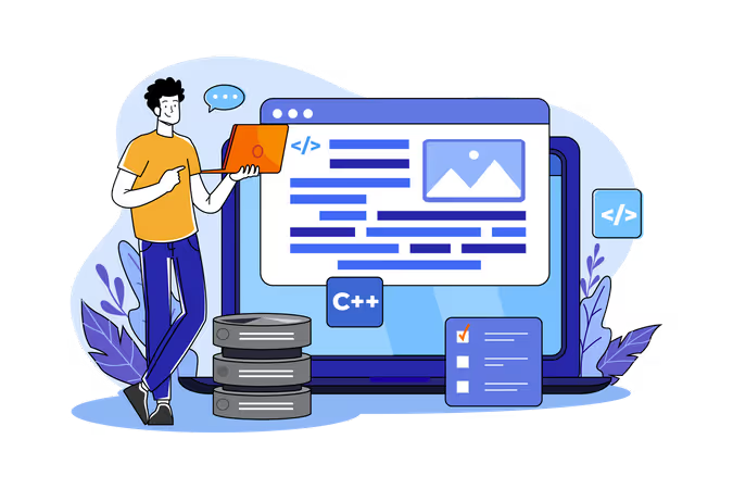 Illustration of a backend software engineer standing beside a large laptop screen with code snippets, database icons, and C++ symbols, representing backend development and programming concepts.