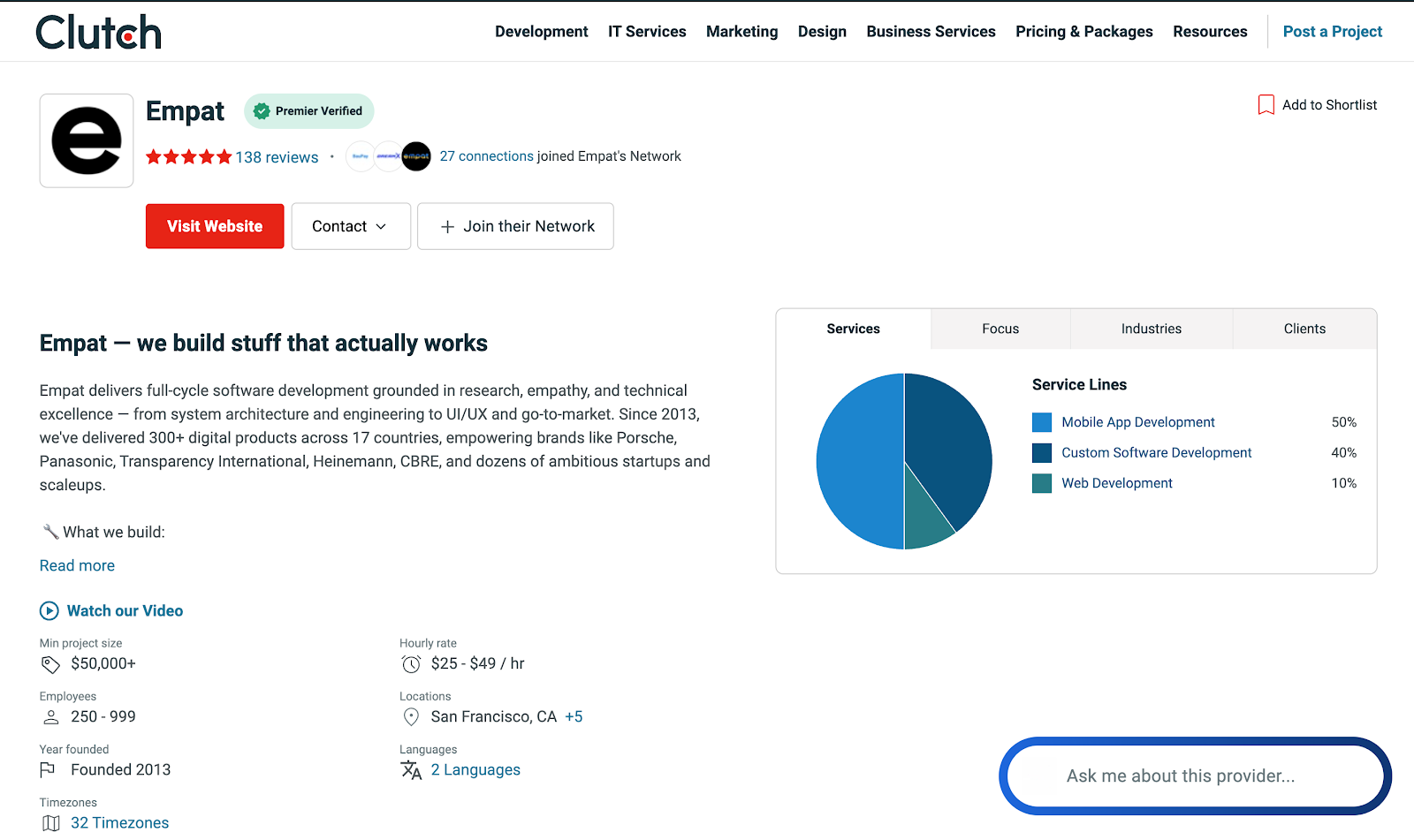 example of mobile app development team rating at Clutch
