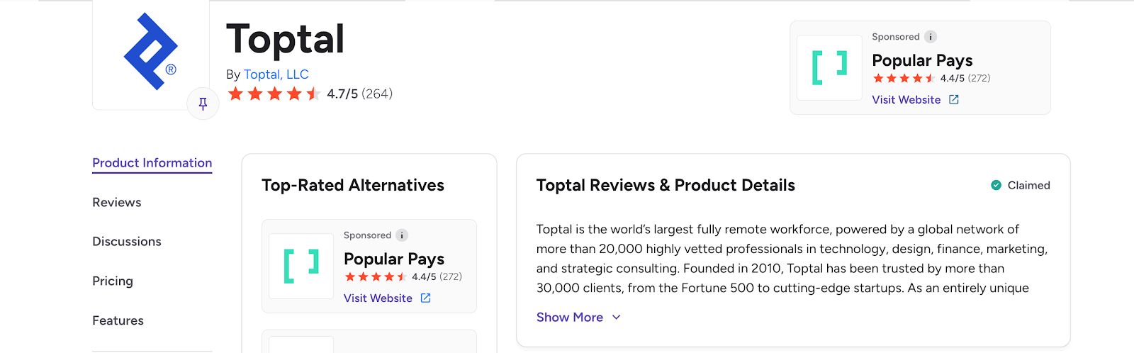 Toptal's rating on G2